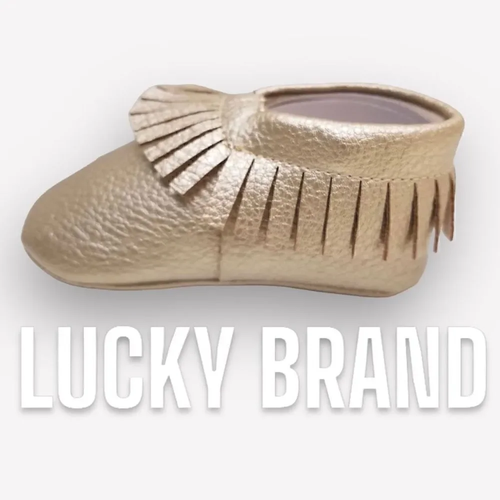 Lucky Brand “Heather” Gold Crib Shoes Fringe Moccasin Style, Size 3 - 6-9 Months