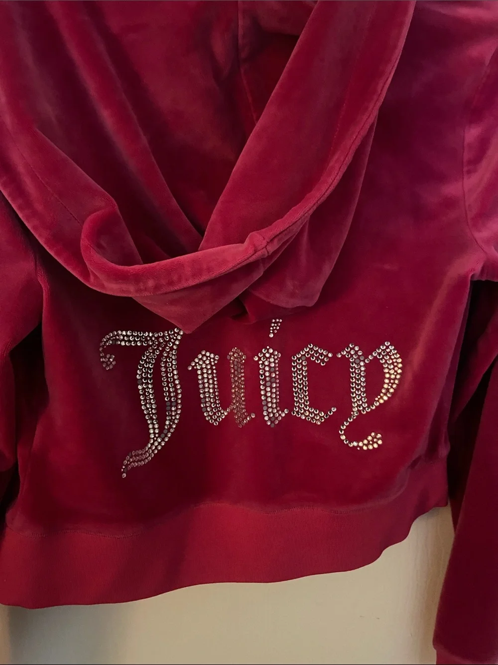 Juicy Couture Raspberry Velour Hoodie with Rhinestone Logo