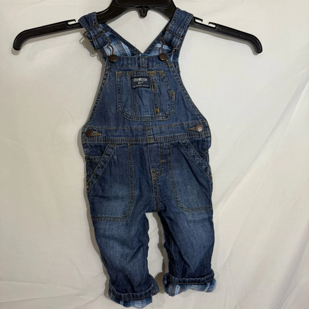 OshKosh B'gosh Blue Denim Overalls, Plaid Flannel Lined Size 9 Mo ADORABLE