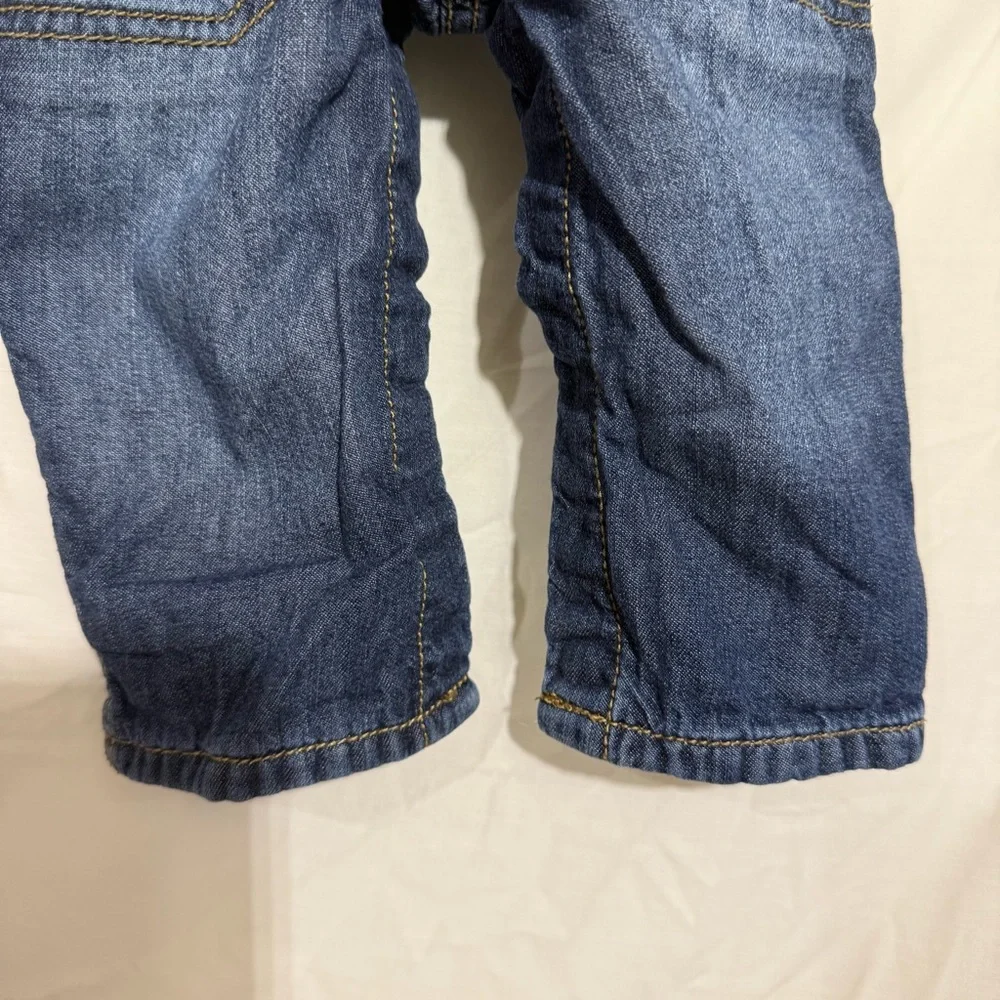 OshKosh B'gosh Blue Denim Overalls, Plaid Flannel Lined Size 9 Mo ADORABLE