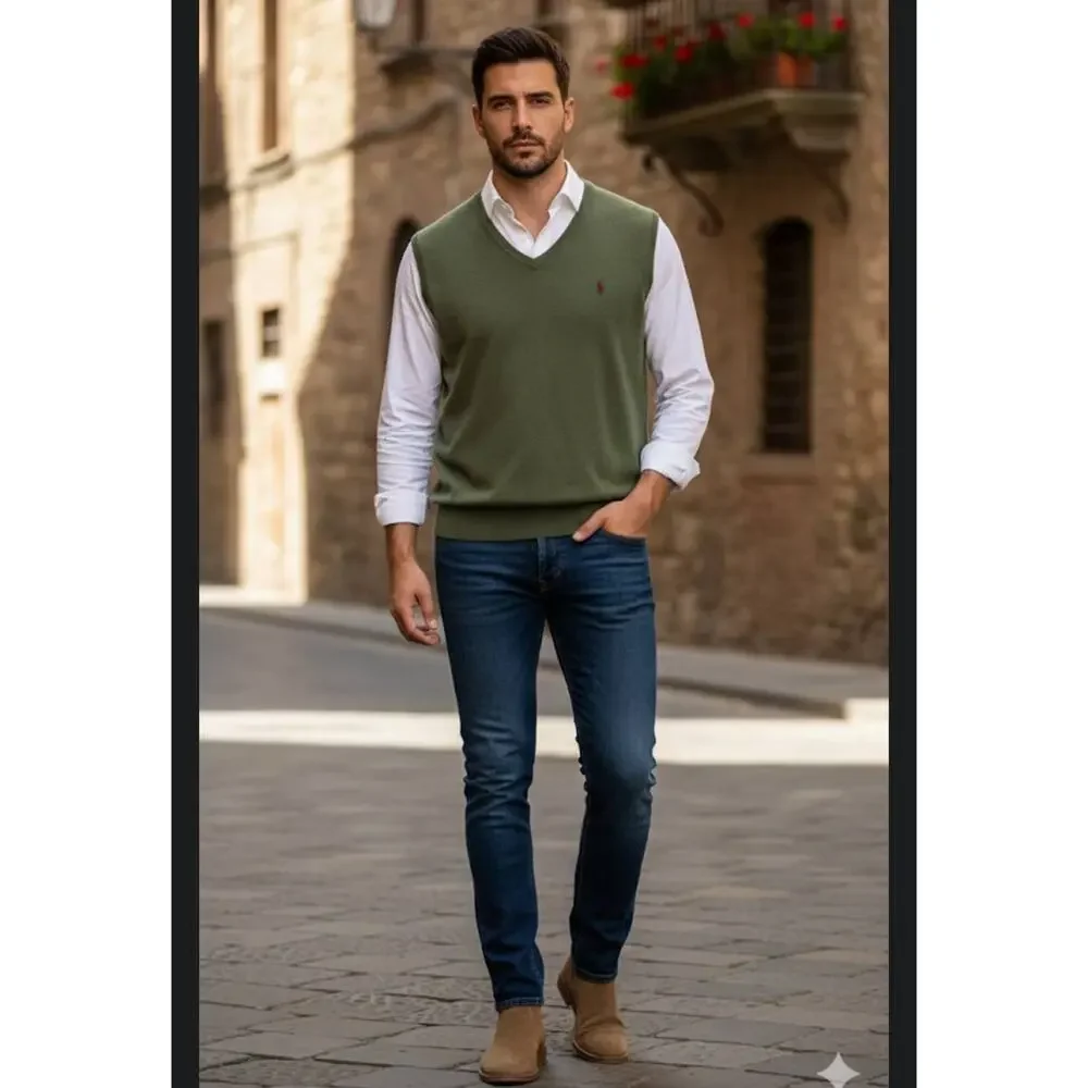 POLO RALPH LAUREN 100% Pima Cotton Sweater Vest‎ Men’s XLT Green V-Neck Red Pony