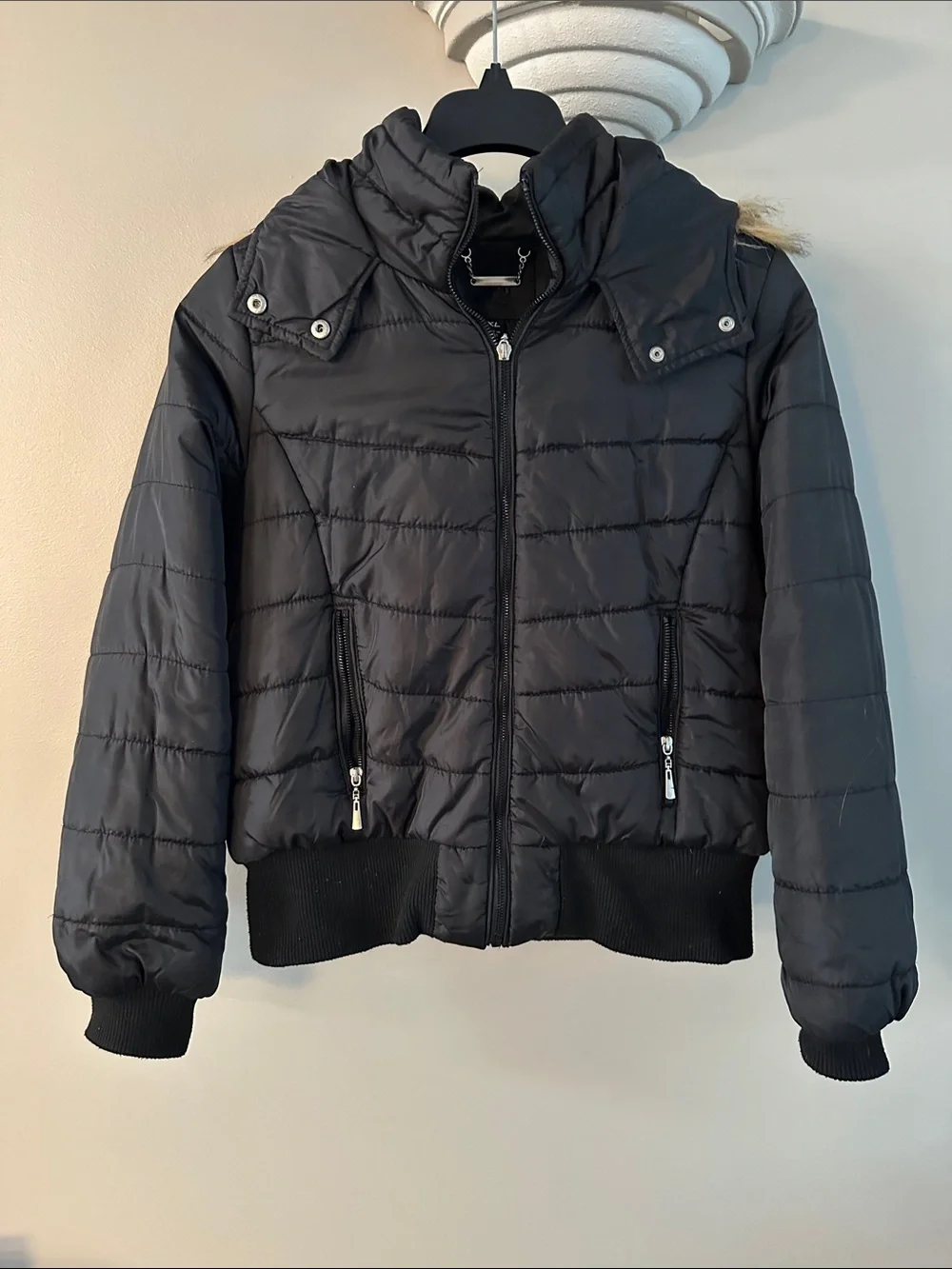 J2 Black Quilted Puffer Jacket with faux fur Hood