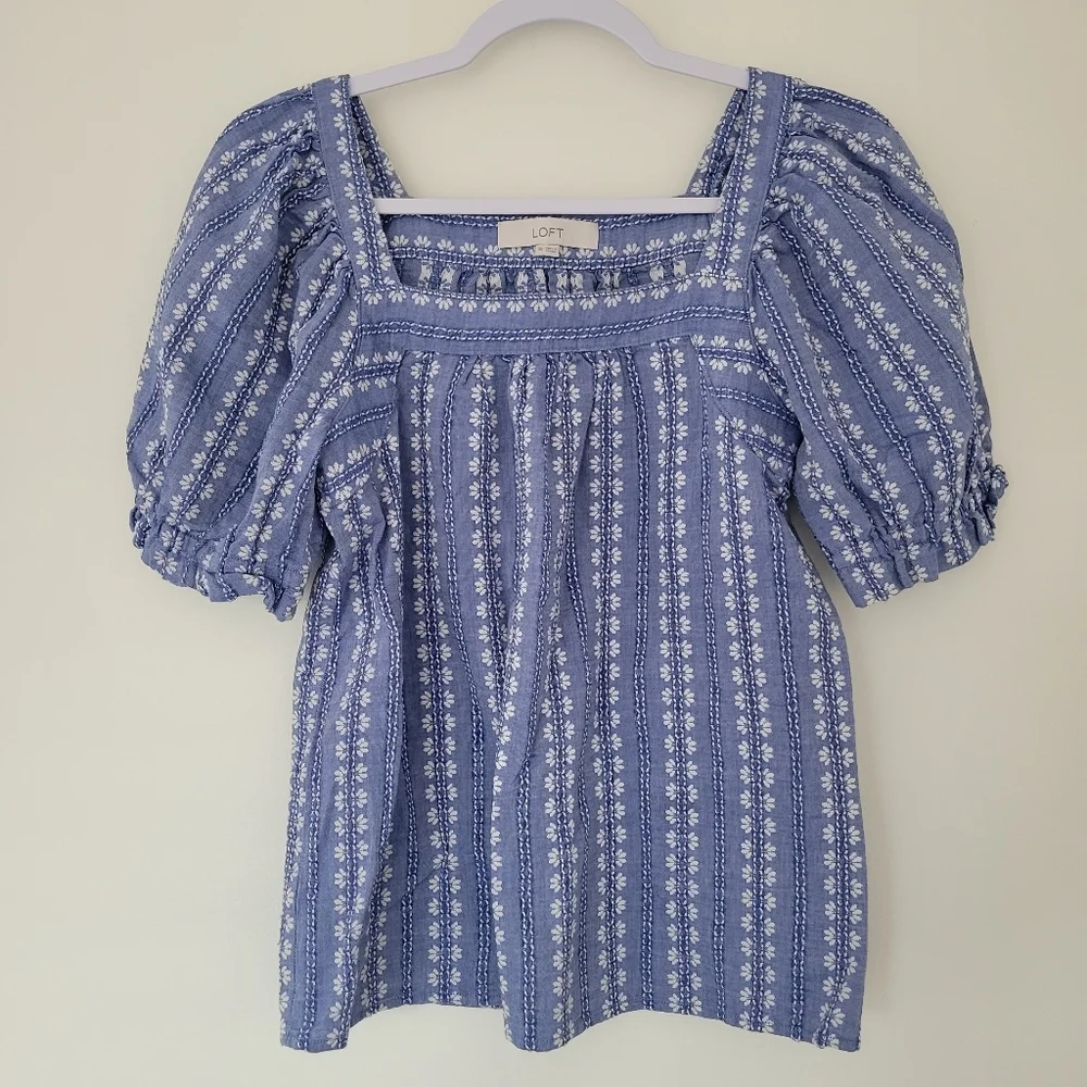 Loft Floral Stitch Square Neck Puff Sleeve Feminine Boho‎ Blouse XS