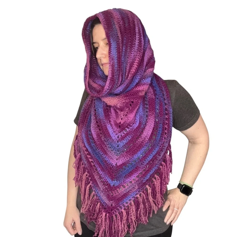 Handcrafted Crochet Hooded Cowl Scarf With Fringe New Handmade by Seller Knit
