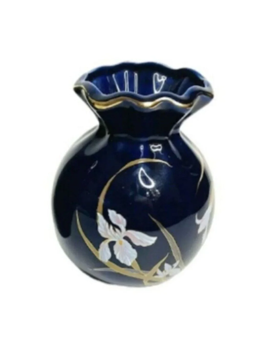 Vintage Japanese Cobalt Blue Porcelain Scalloped Iris Bud Vase 4.75