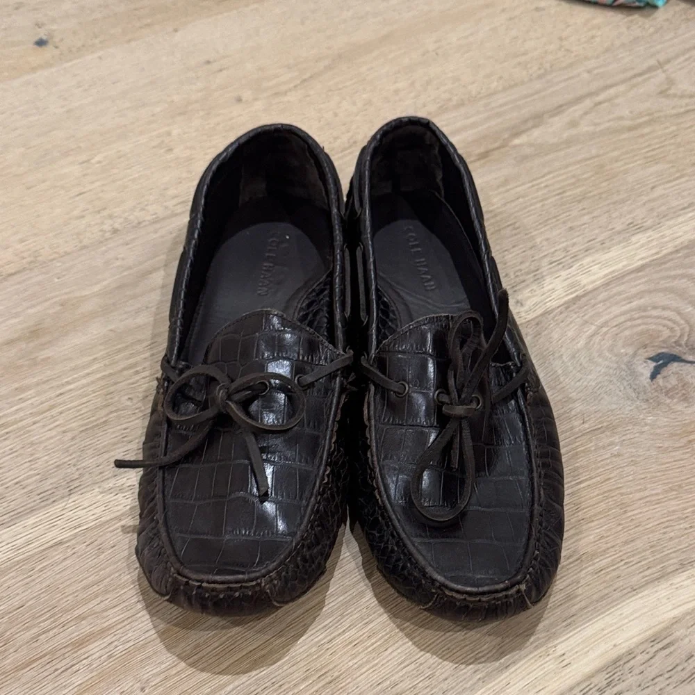 Cole Haan Dark Brown Croc-Embossed Leather Driving Moccasins