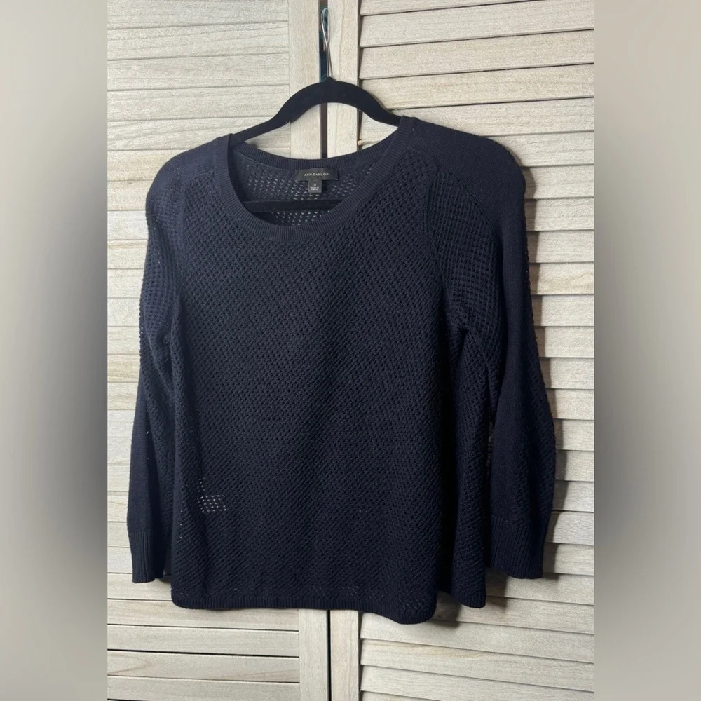 Ann Taylor Navy Open Knit Sweater Small Lightweight Coastal Chic Fisherman