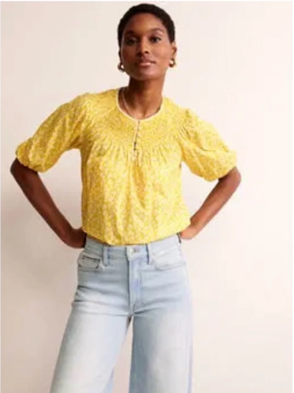 Boden Yellow Puff-Sleeve Smocked Yoke Blouse