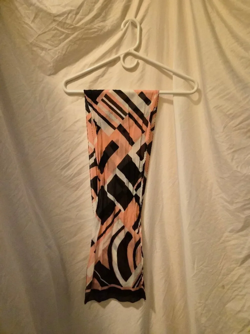 Vintage 80s Scarf Geometric Abstract Print Peach Black White Retro Mod Accessory