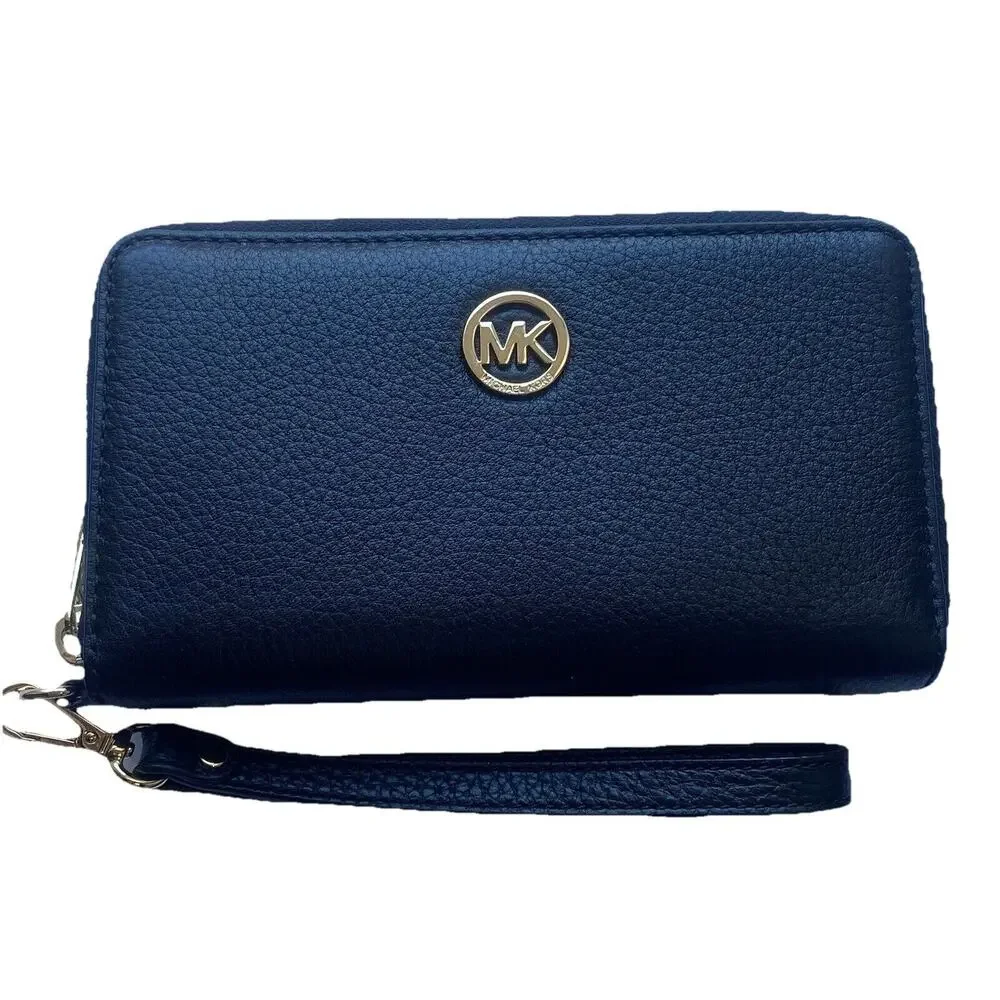 MICHAEL KORS Fulton‎ Black Pebbled Leather Wristlet/Wallet with Zipper & Gold