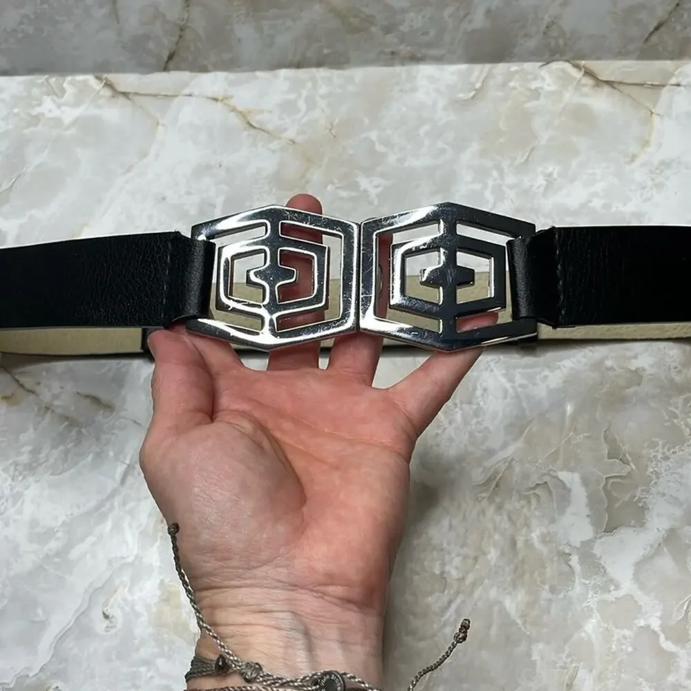 Chico’s Black Leather Contemporary Slide Belt with Silvertone Geometric Buckles
