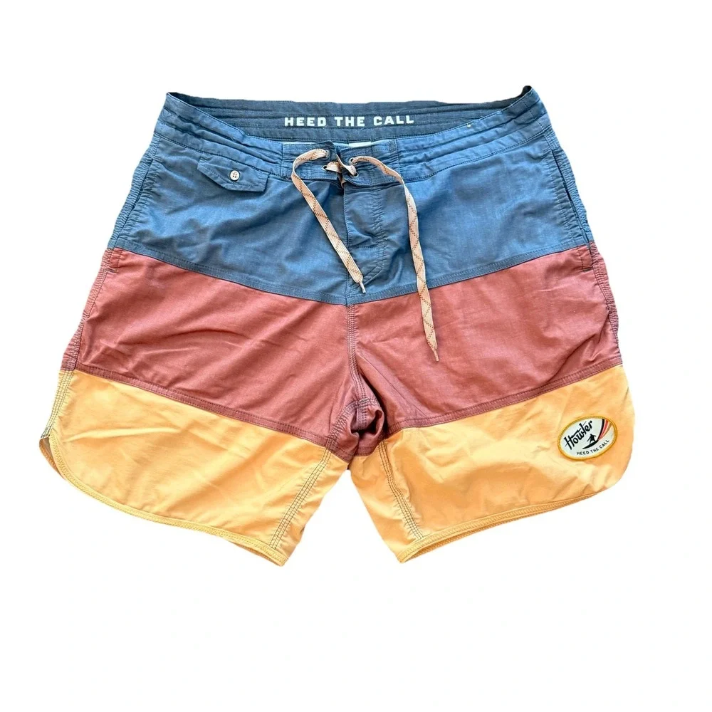 Howler Brothers Board Shorts Men 35 Red Blue Yellow Drawstring 7.5 Inseam Swim