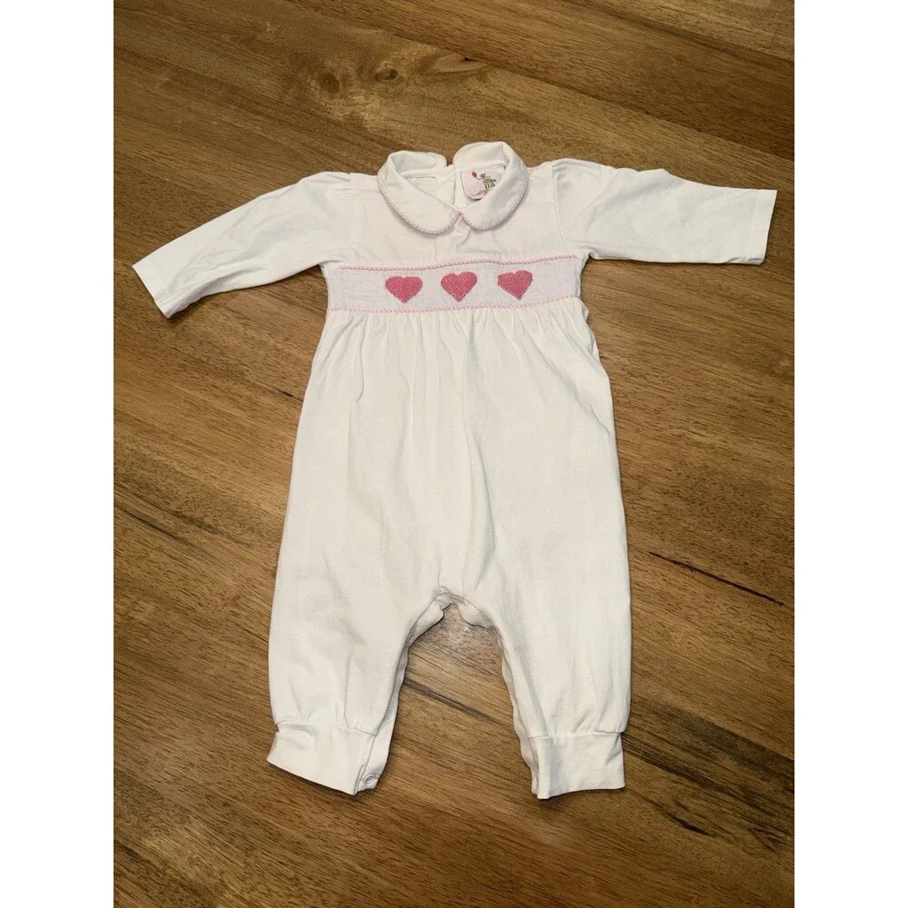 Eliza James Baby Girl 9M Smocked Romper Pink Hearts Long Sleeve Peter Pan Collar