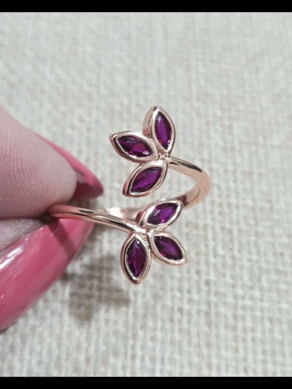 Rose Gold Leaf Ring with Cherry Red Garnets Gemstones -