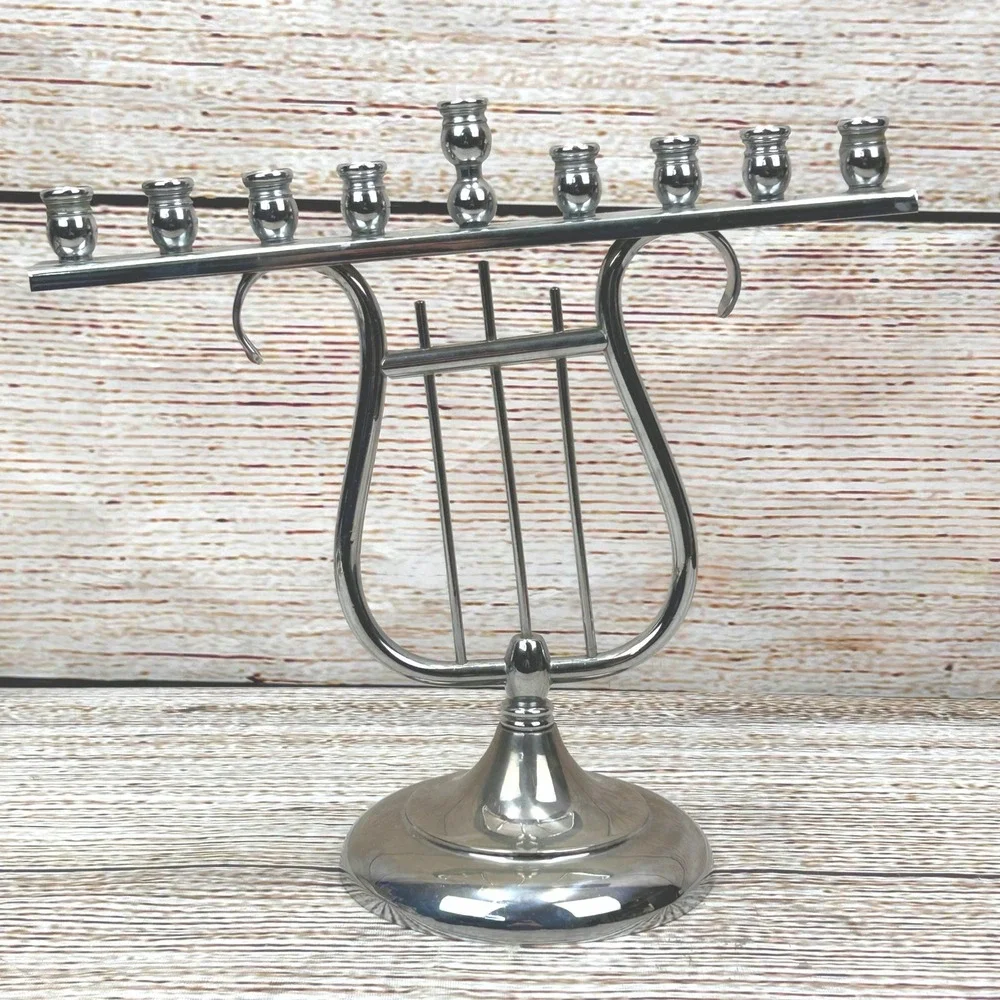 Vintage R.C. Silver‎ Tone Lyre Harp Hanukkah Tilted Menorah Chanukiah