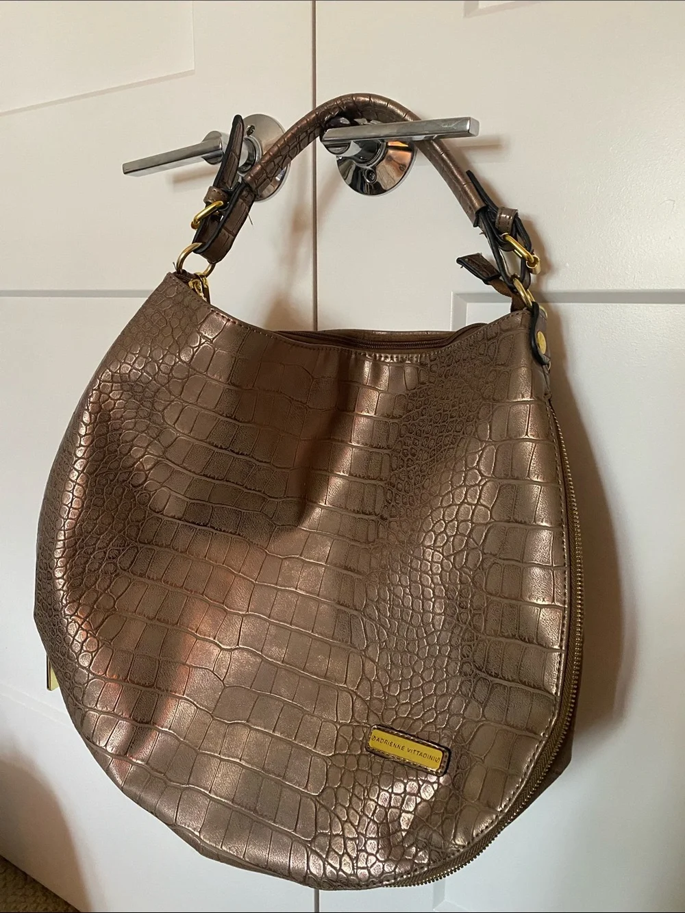 Adrienne Vittadini Bronze Croc-Embossed Hobo Bag w/gold hardware