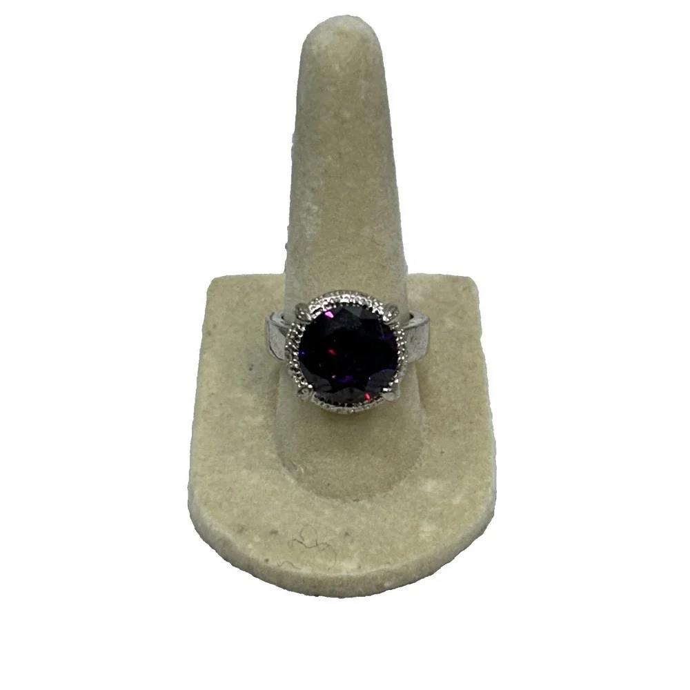 Silver Tone Halo Round Purple Alexandrite Ring Sz 7 CZ Accent Cocktail Statement
