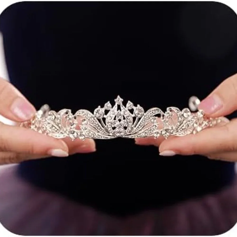 Silver Crystal Tiara Crown - Elegant Women's Hair Accessory
