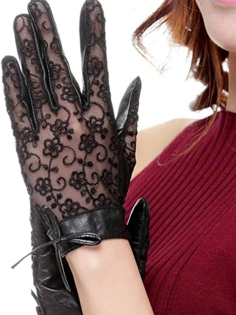 Elegant Nappa Leather & Lace Short Gloves with Bow for Wedding, Prom, Party