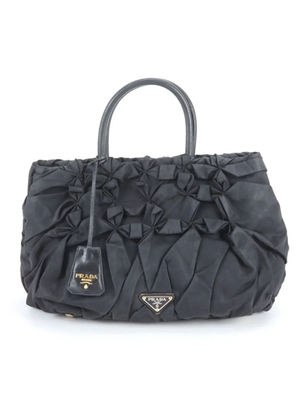 Prada Tessuto Nylon Gathered Triangle Logo Leather Tote Shoulder