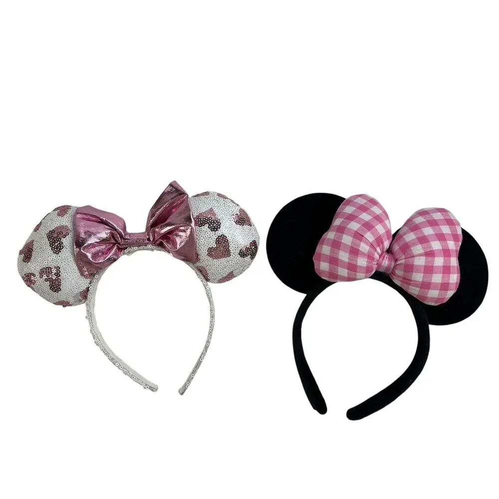 Disney Store Minnie Mickey Mouse Sequins Hearts Ears Pink Gingham Headband Black