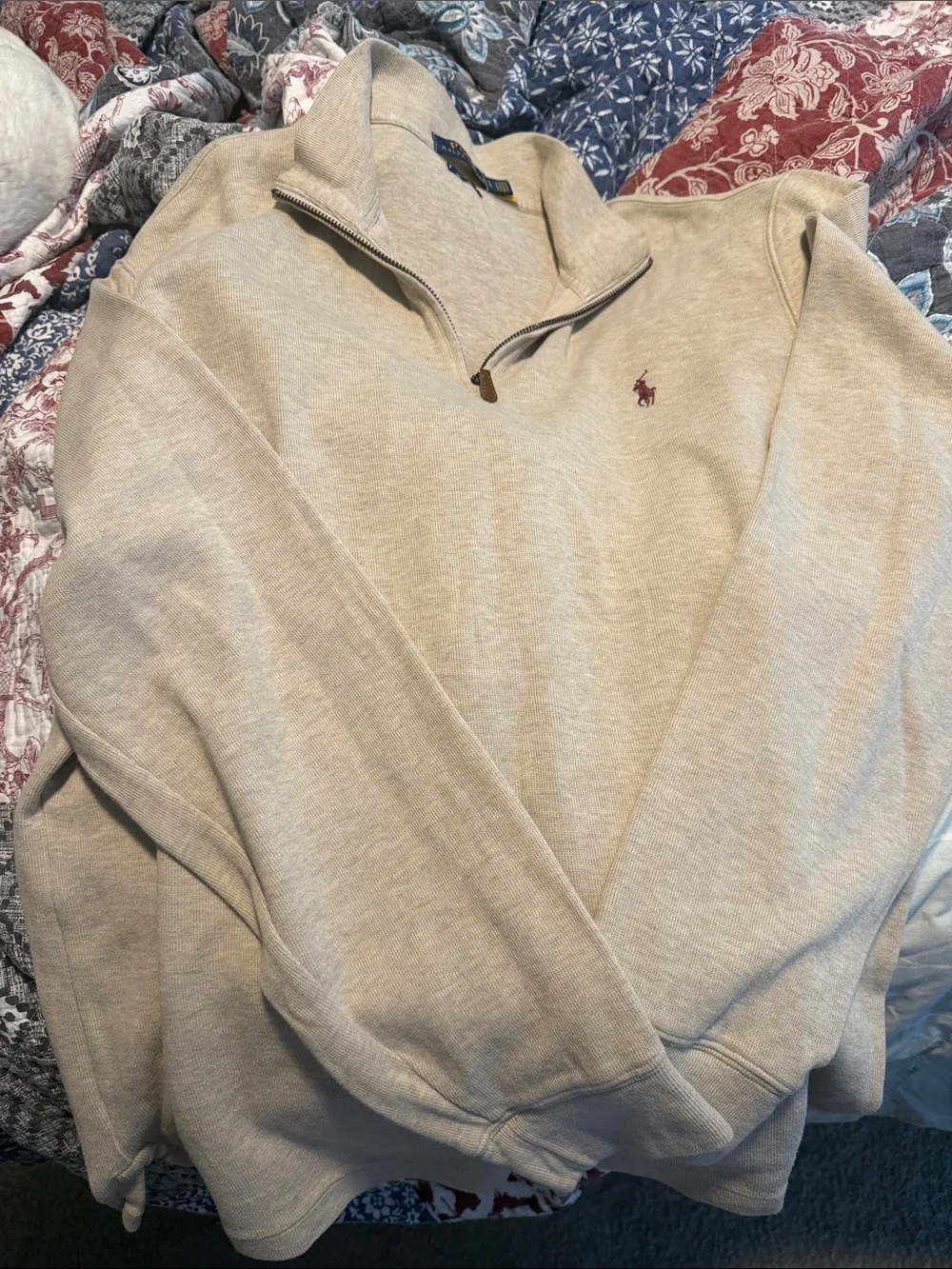 Polo by Ralph Lauren Light Beige Half-Zip Sweater with Maroon Pony