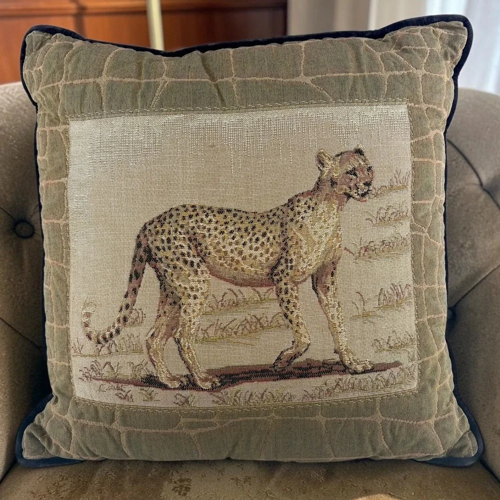 Vintage Cheetah Tapestry Throw Pillow Velvet Back Quilted Safari Animal 16x16