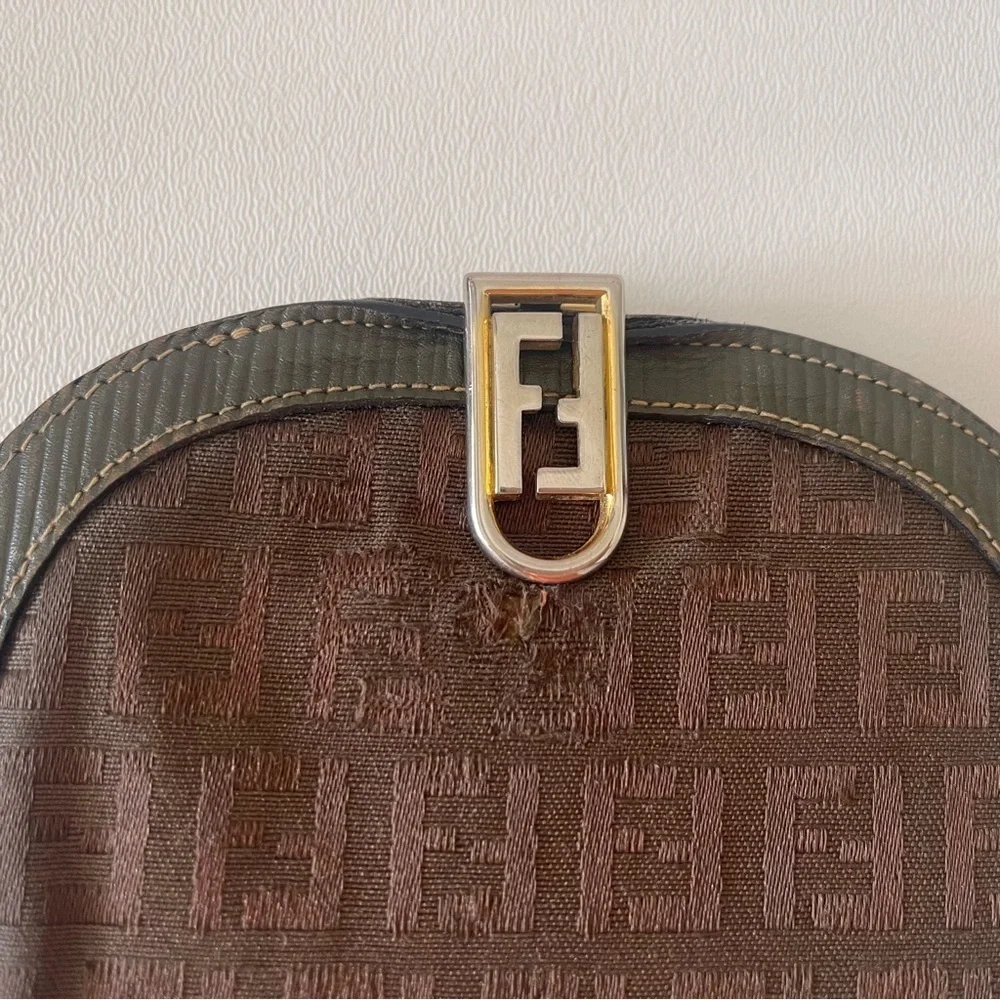 Fendi Wallet Zucca Demi-Lune Bi-Fold Coin Purse Vintage Luxury Brown Green