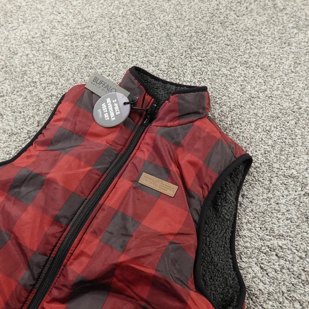 NEW Buffalo David Bitton Vest Kids S 7-8 Red Plaid Reversible Sherpa Lined Youth