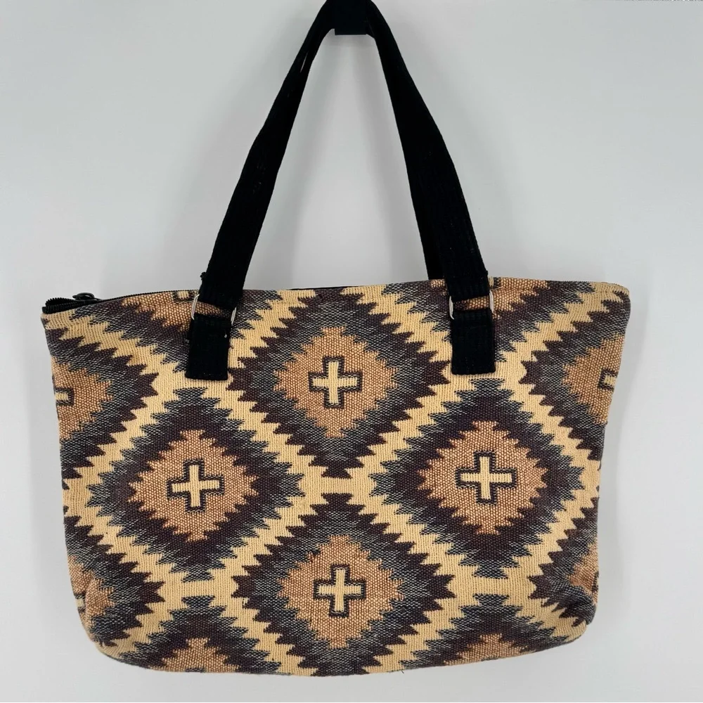 El Paso‎ Saddle Blanket Beige Brown Southwestern Aztec Print Zip Tote Bag Woven