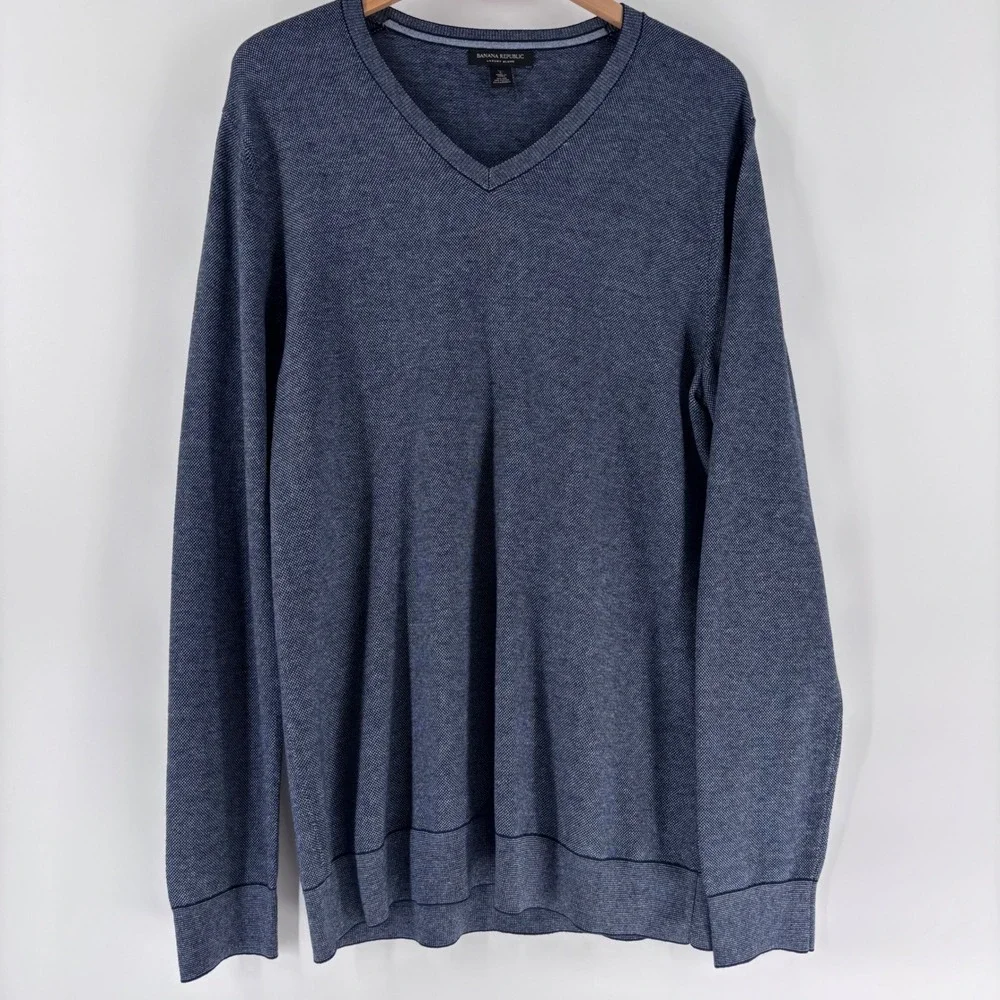 Banana Republic V-Neck Sweater Mens Large Tall Blue Silk Cotton Cashmere Luxury