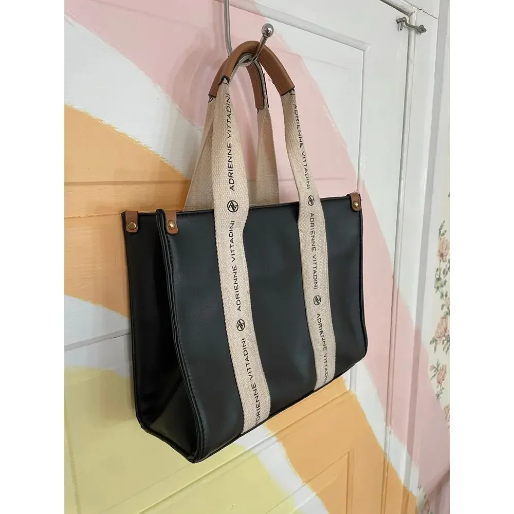 Adrienne Vittadini Montauk Tote Black Logo Strap Purse AV Charm