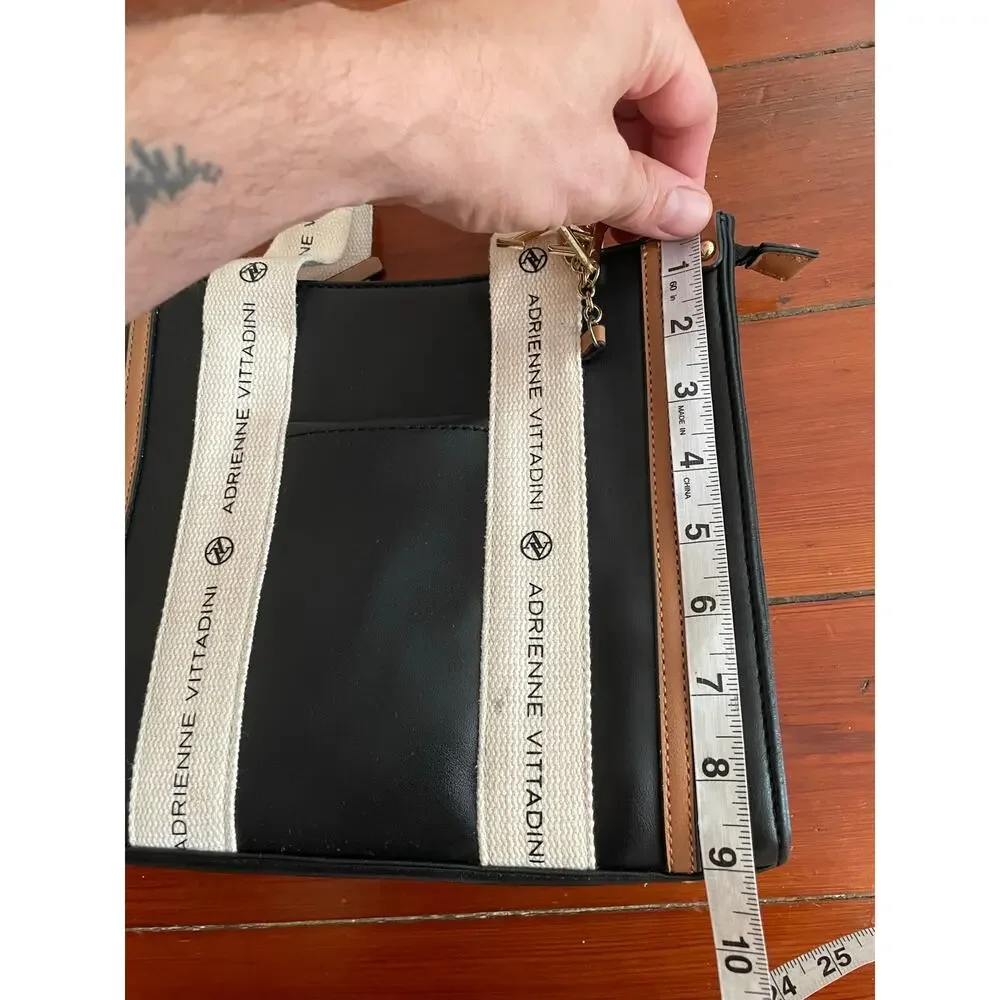Adrienne Vittadini Montauk Tote Black Logo Strap Purse AV Charm