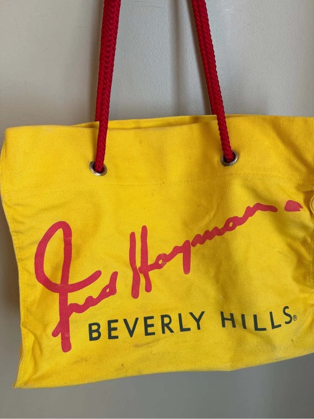 Fred Hayman Beverly Hills Canvas Tote Yellow Thrashed Shopping Markets Vtg