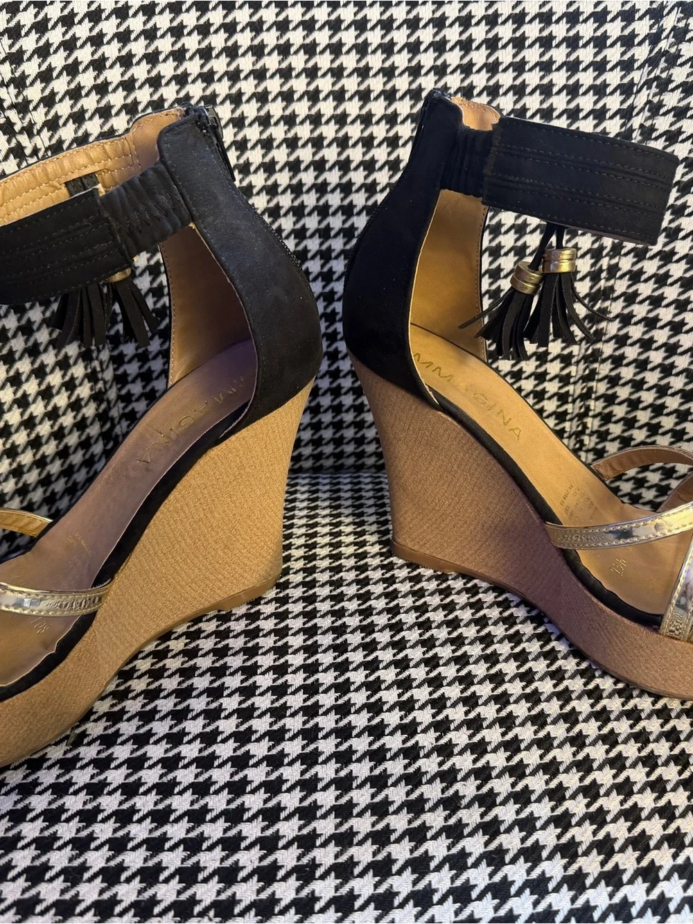 Black and Gold Wedge Sandals with Ankle Tassel