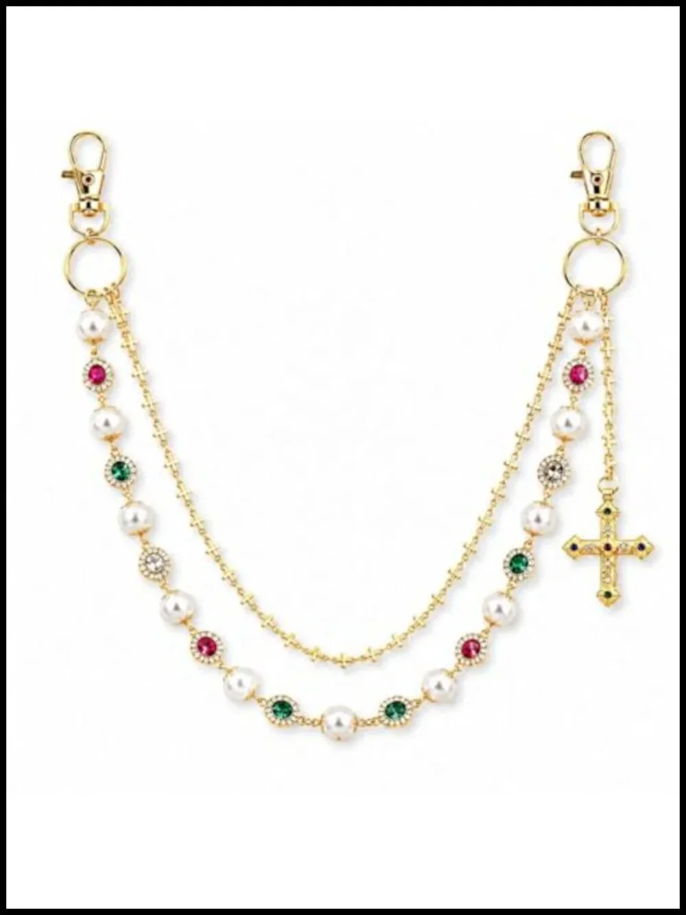 Layered Pearl Wallet Chain with Cross Charm, Purse Keychain