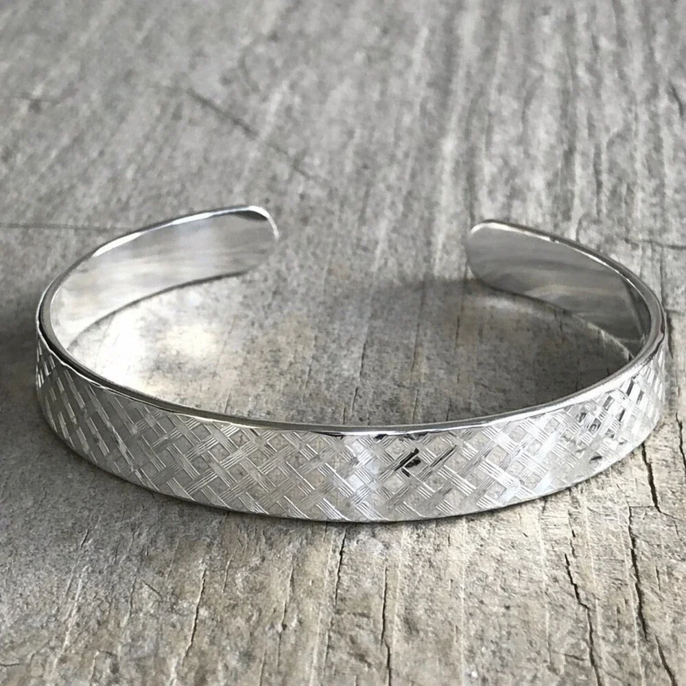 Shiny Sterling Silver Plaid Tartan Open Cuff Bangle Handmade 9.5mm Wide