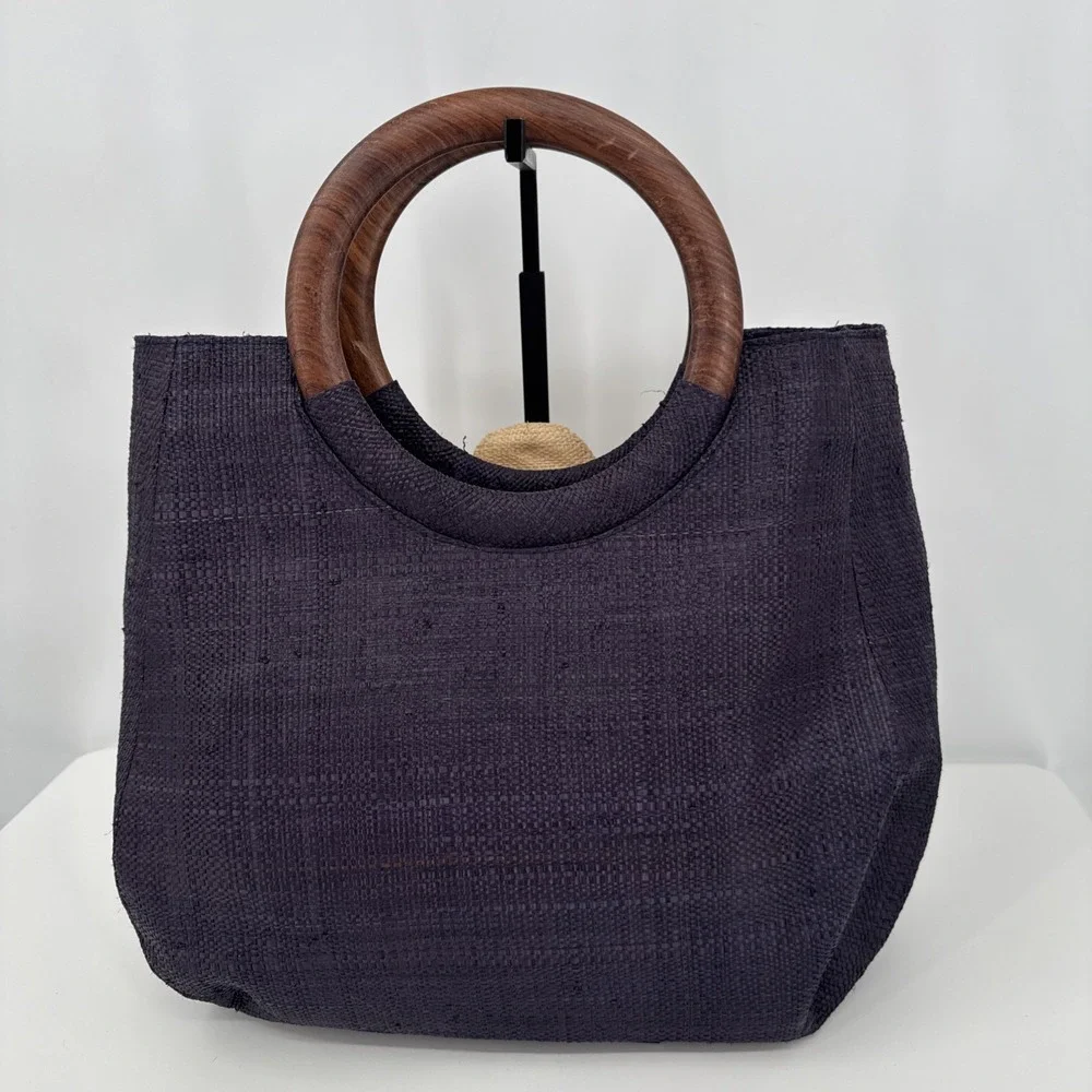 Mar Y Sol Guadalupe Straw & Blue Flower Raffia Tote w/Wood Handle I5