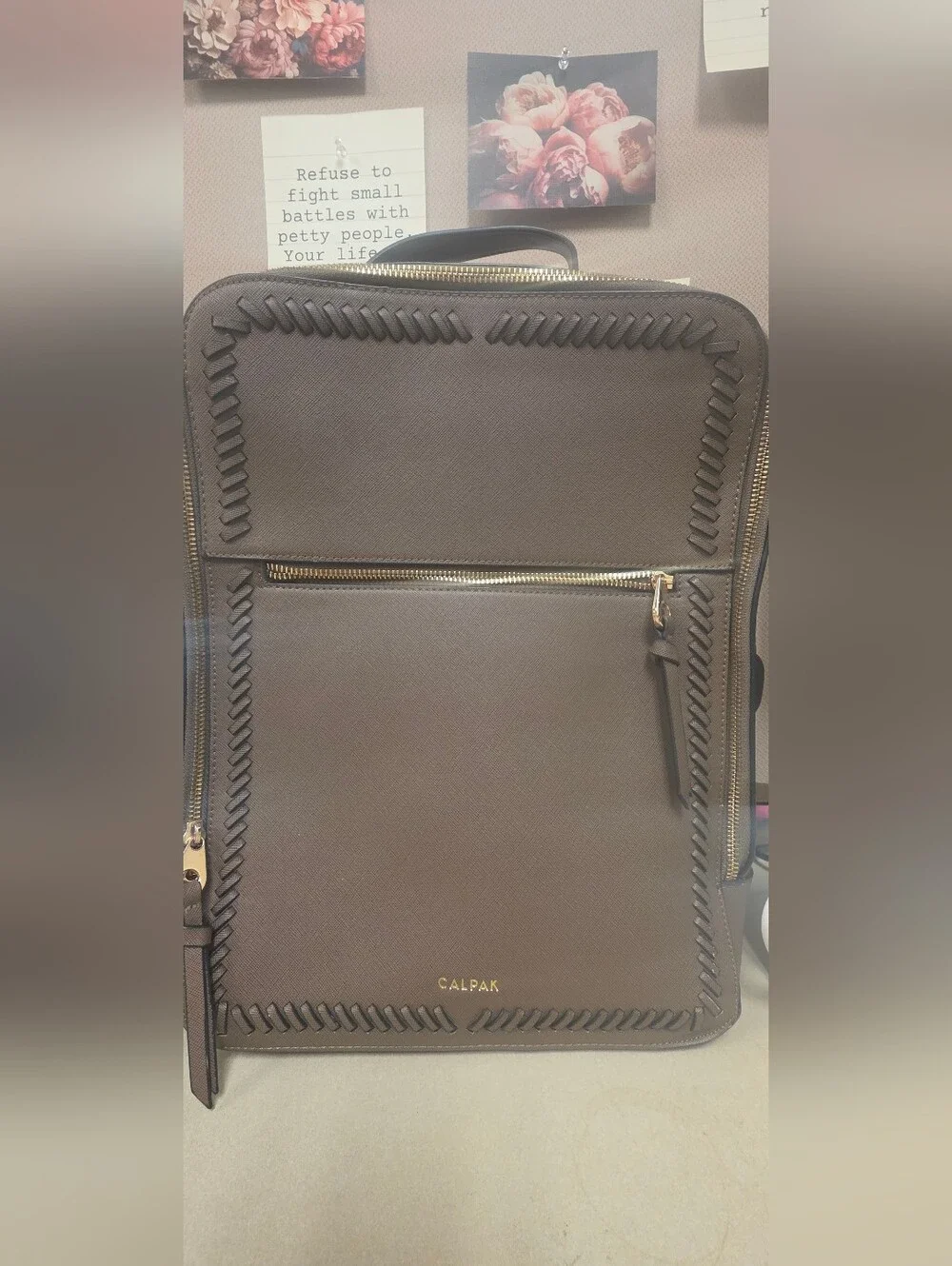 Calpak Brown Leather-Textured Backpack with Woven Trim