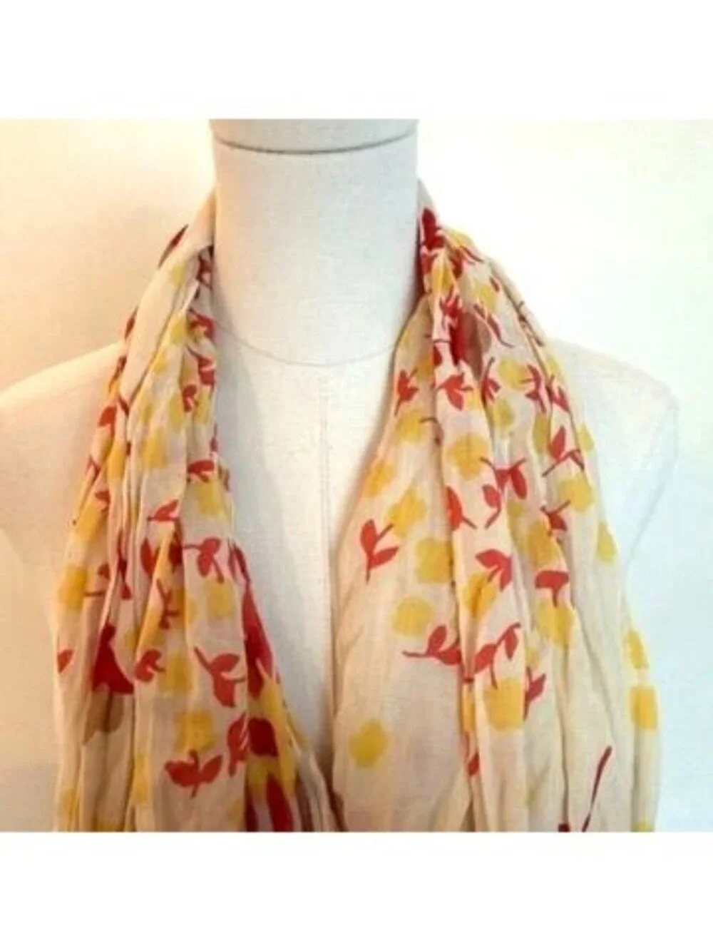 Floral Yellow & Red Lightweight Scarf Wrap Fringe Crinkle Cottage Bloom Beach
