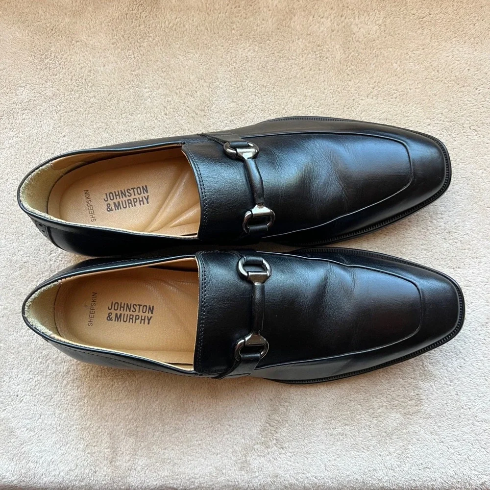 Johnston & Murphy McClain‎ Men 9.5 M Black Leather Bit Loafer Shoes Apron Toe