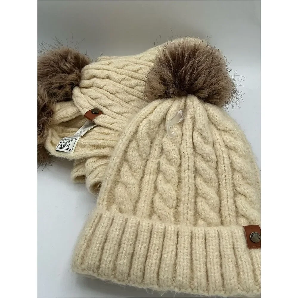 Frye and Co Cream Knit Pom-Pom Beanie and scarf set