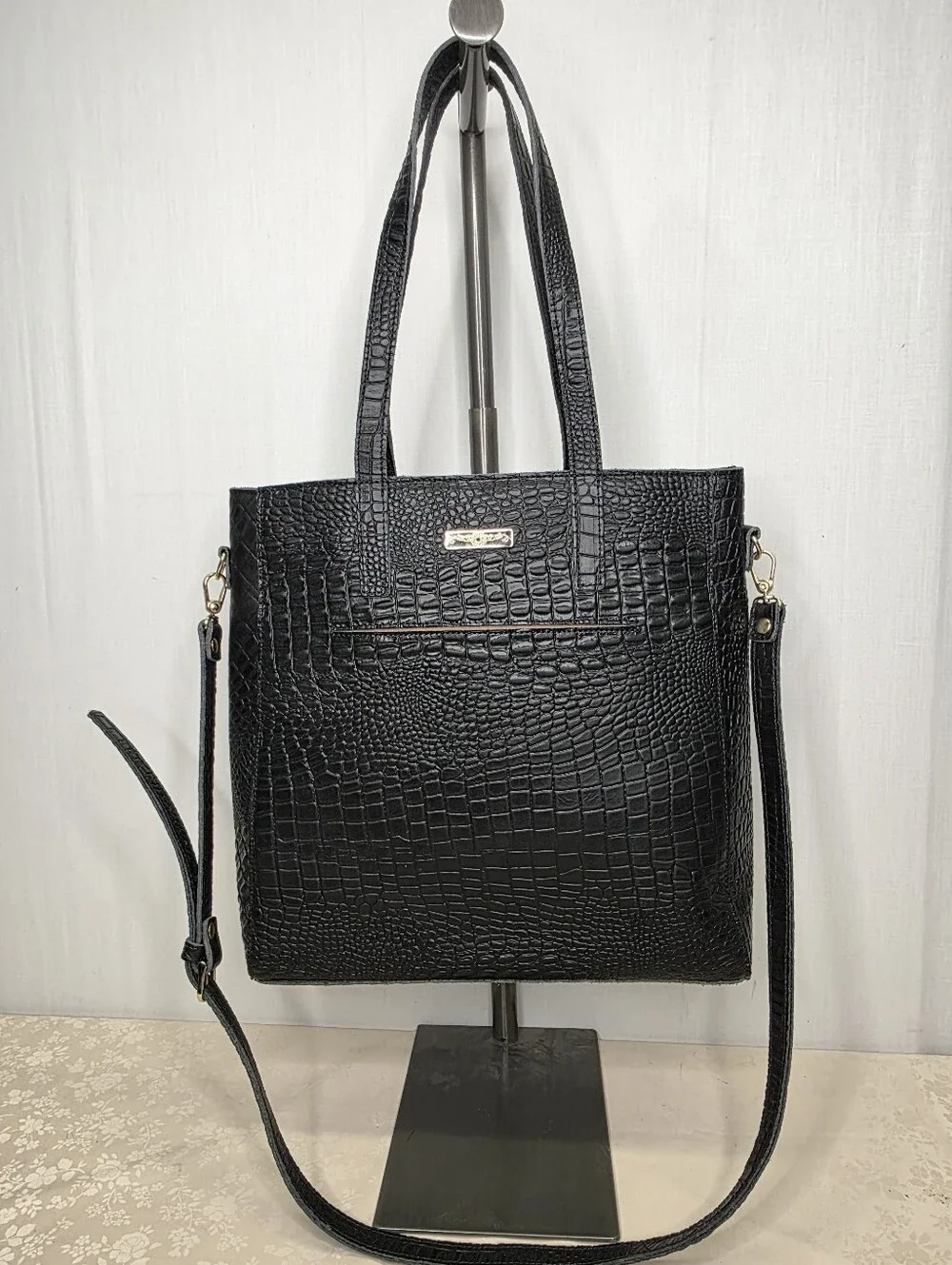Planner Perfect Isabella Everyday Tote Black Croc Leather Crossbody Bag