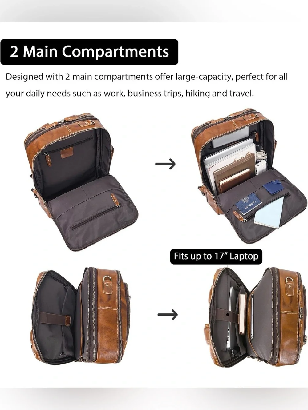Lannsyne Vintage Genuine Leather Backpack 17” Laptop Expandable Briefcase Bag