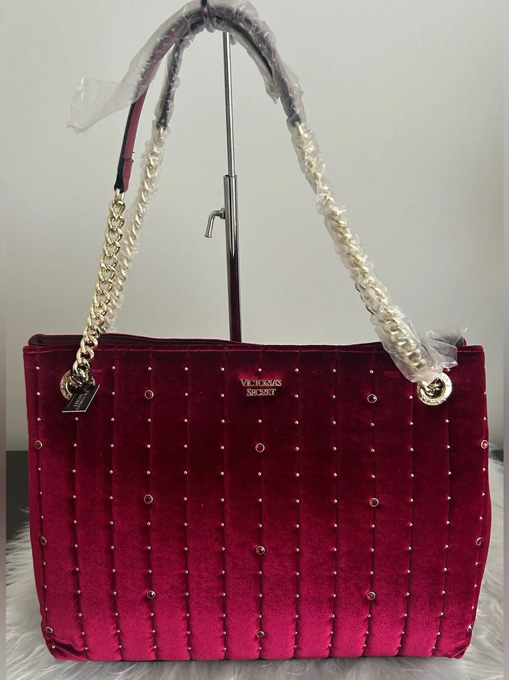 Victoria’s Secret Burgundy Velvet Tote Bag Gold Chain Shoulder Purse