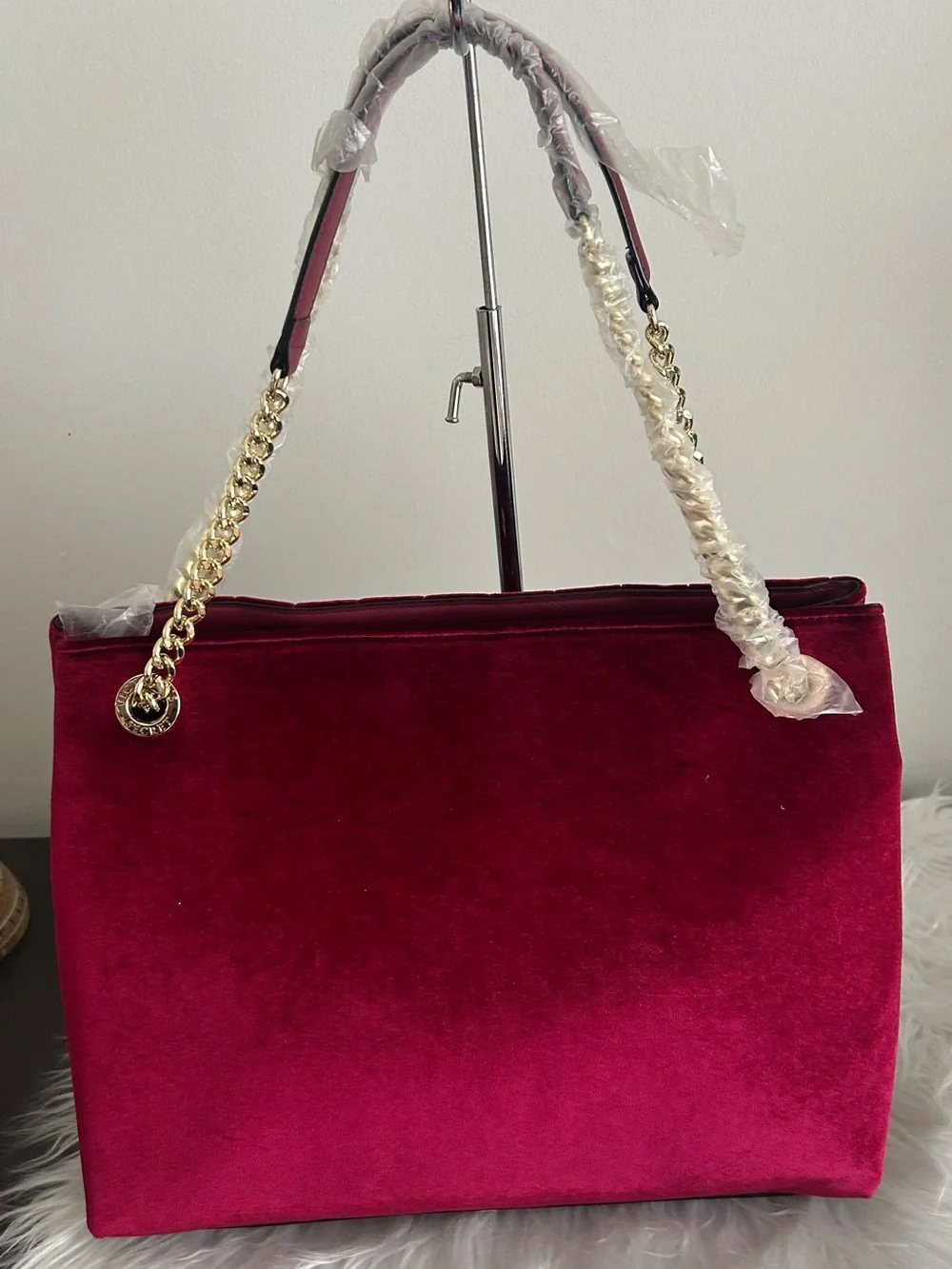 Victoria’s Secret Burgundy Velvet Tote Bag Gold Chain Shoulder Purse