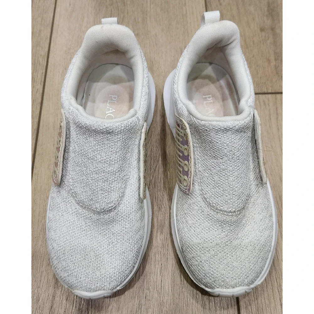 CHILDRENS PLACE Girls 13 White Silver Holographic Running Sneaker Shoes No Laces