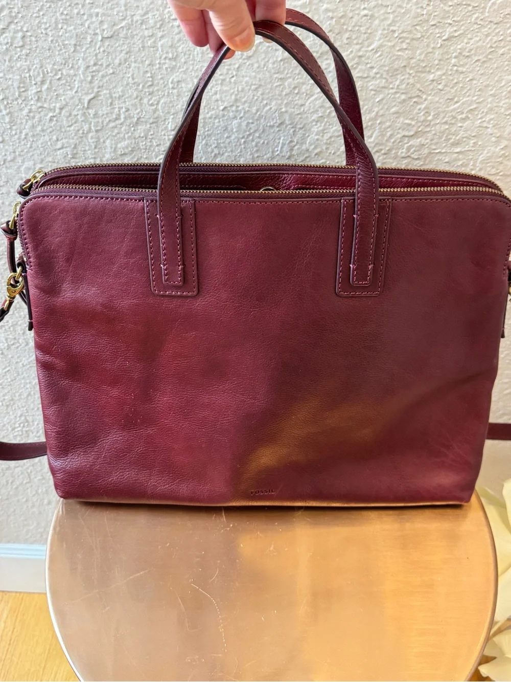 Women’s Structured Leather Fossil Briefcase in Burgundy