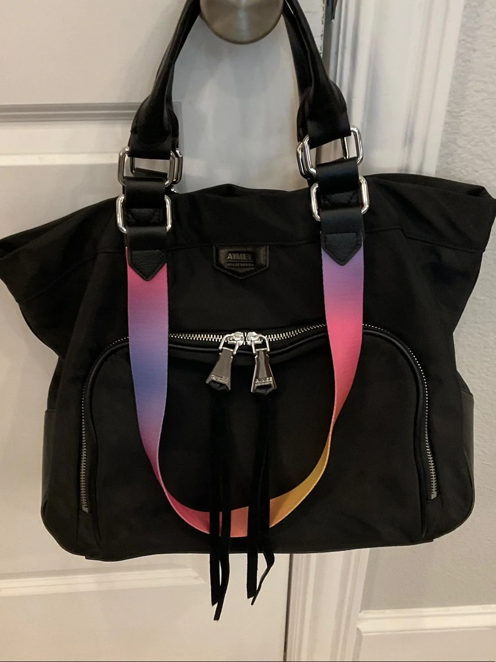 Aimee Kestenberg Black Tote with Gradient Rainbow Strap
