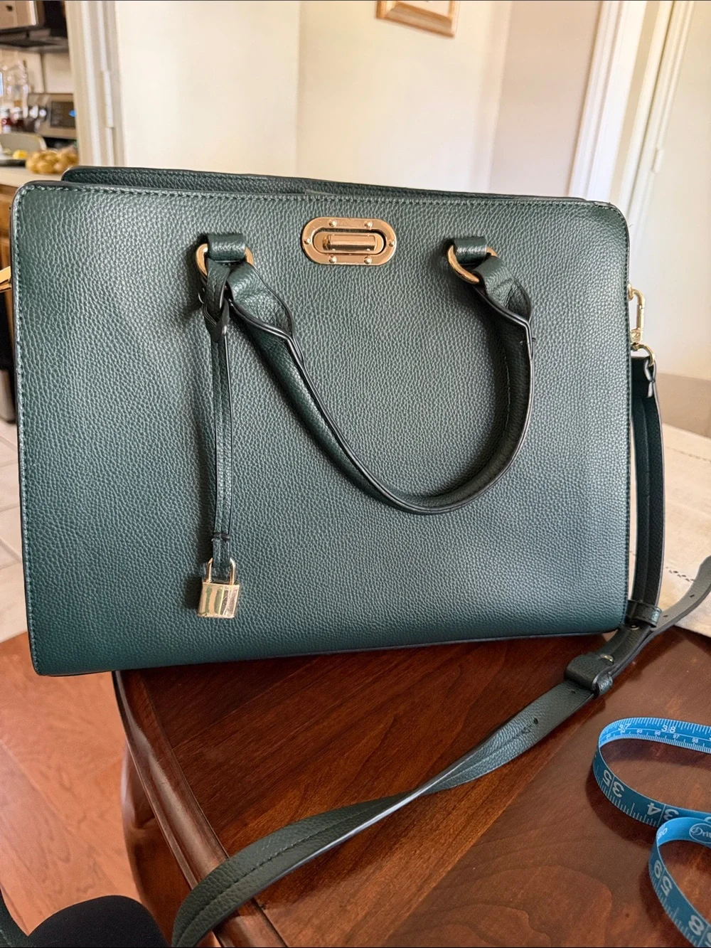 Structured Emerald Green Leather Satchel with Gold Hardware